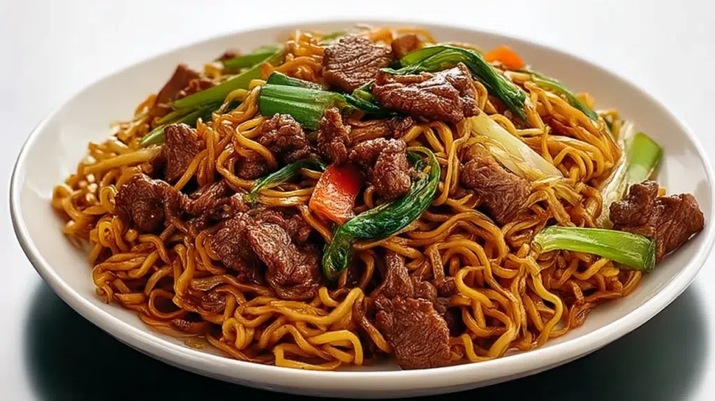 Beef pan-fried noodles with tender beef, crispy noodles, colorful vegetables, and a savory stir-fry sauce