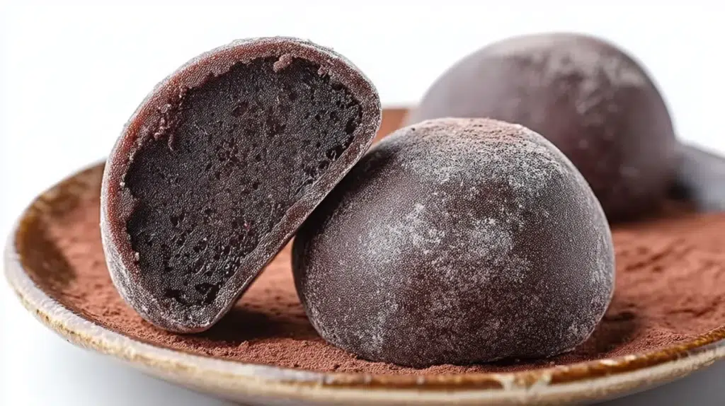 Chocolate mochi with a soft chewy texture and rich chocolate filling dusted with cocoa powder