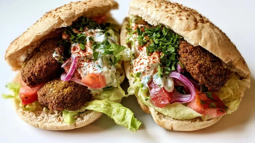 Falafel sandwich filled with crispy falafel, fresh vegetables, herbs, and creamy tahini sauce in warm pita bread