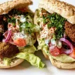 Falafel sandwich filled with crispy falafel, fresh vegetables, herbs, and creamy tahini sauce in warm pita bread