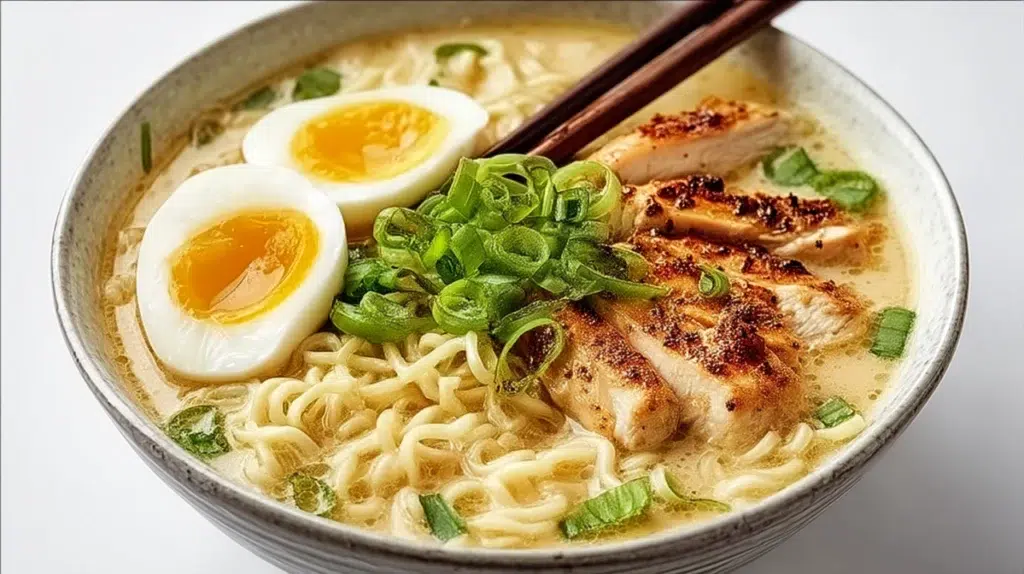 Garlic chicken ramen with tender chicken, noodles, rich broth, and green onions served in a bowl