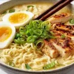 Garlic chicken ramen with tender chicken, noodles, rich broth, and green onions served in a bowl