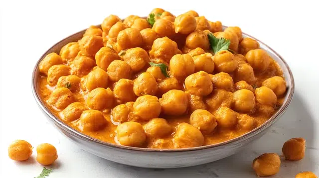 Indian butter chickpeas in a creamy tomato curry sauce garnished with fresh cilantro and served with rice