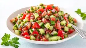 Jerusalem salad with diced tomatoes, cucumbers, bell peppers, fresh parsley, and lemon dressing