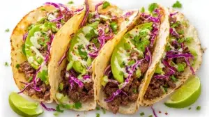 Korean beef tacos with marinated beef, fresh vegetables, sesame seeds, and Korean-inspired sauce in soft tortillas