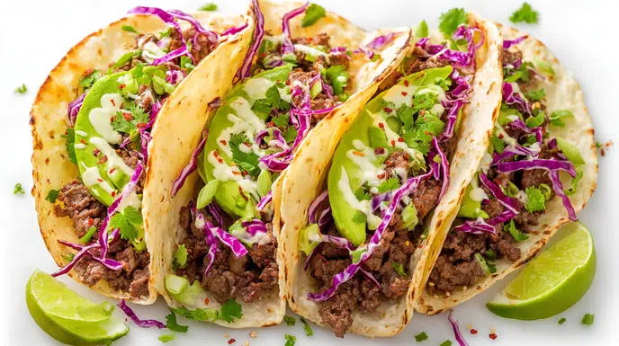 Korean beef tacos with marinated beef, fresh vegetables, sesame seeds, and Korean-inspired sauce in soft tortillas