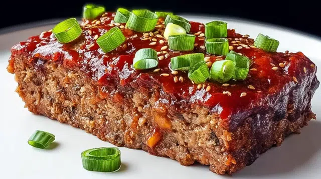 Korean meatloaf with gochujang glaze sliced and topped with sesame seeds and green onions