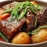 Korean style pot roast with tender beef, carrots, onions, and a rich savory glaze served over rice