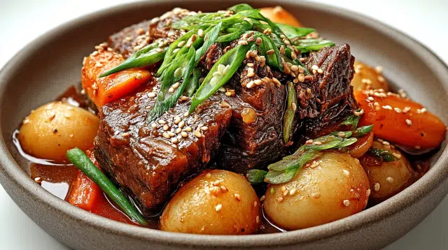 Korean style pot roast with tender beef, carrots, onions, and a rich savory glaze served over rice