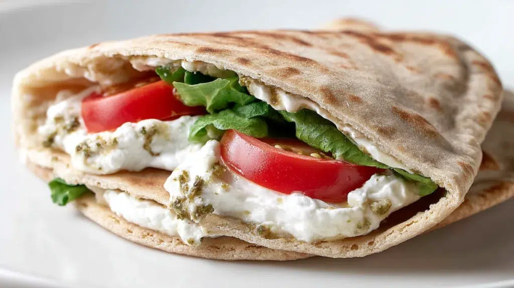 Labneh pita sandwich filled with creamy labneh, fresh vegetables, herbs, and olive oil in warm pita bread