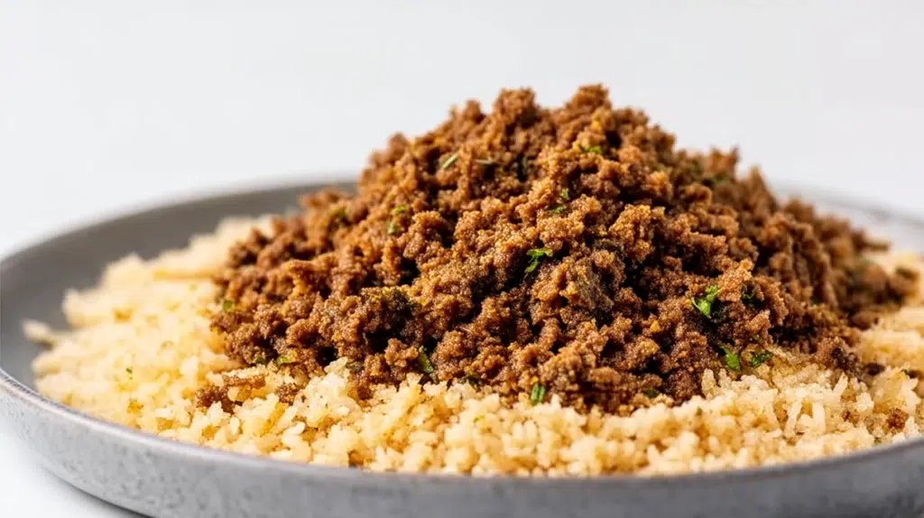 Lebanese Hashweh with seasoned ground beef, fragrant rice, toasted nuts, and warm spices served on a platter
