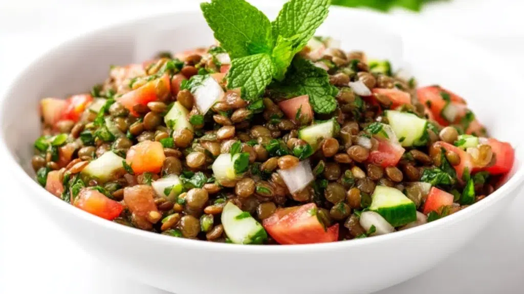 Lebanese lentil salad with cooked lentils, fresh parsley, tomatoes, onions, and a lemon dressing