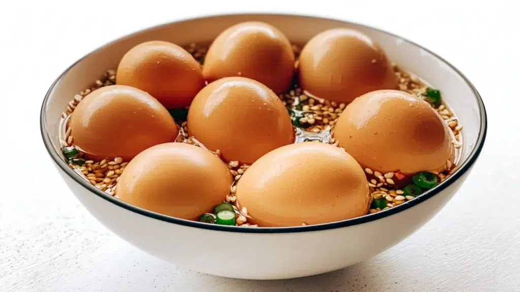 Mayak eggs marinated in soy sauce with garlic, chili, green onions, and sesame seeds served over rice