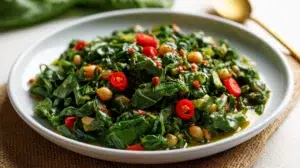 Tanzanian collard greens cooked with onions, tomatoes, and aromatic spices served as a flavorful side dish