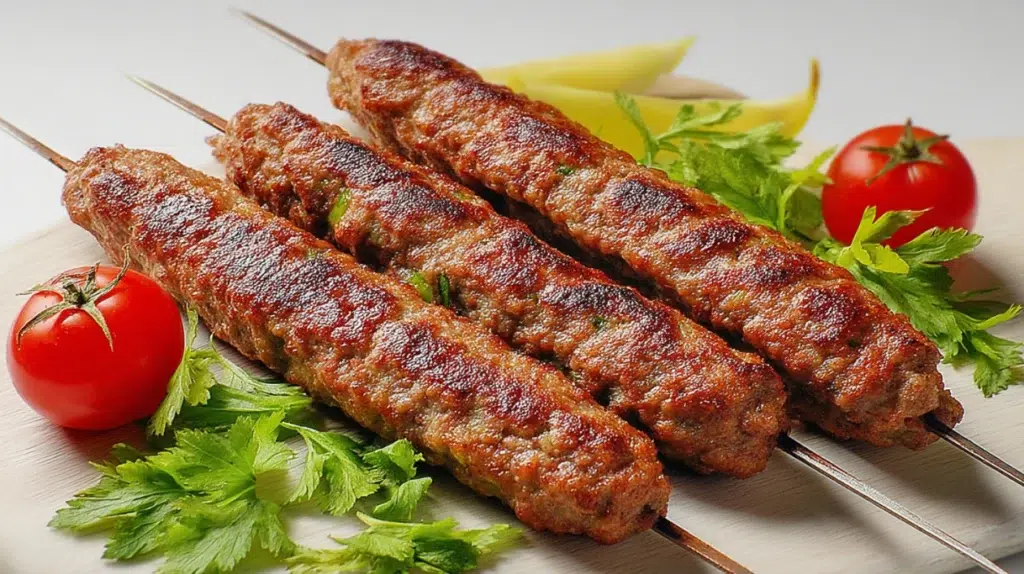 Turkish Adana kebab made with seasoned ground meat grilled on skewers and served with flatbread, onions, and fresh herbs