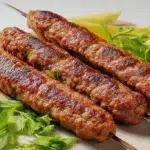 Turkish Adana kebab made with seasoned ground meat grilled on skewers and served with flatbread, onions, and fresh herbs