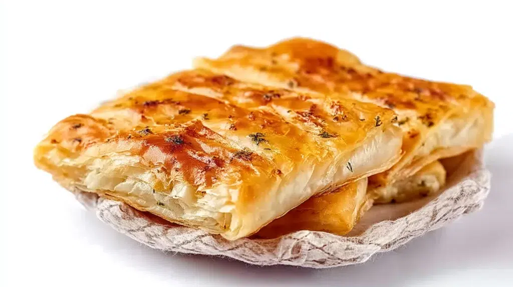 Turkish börek made with flaky pastry filled with cheese, spinach, or seasoned meat and baked until golden