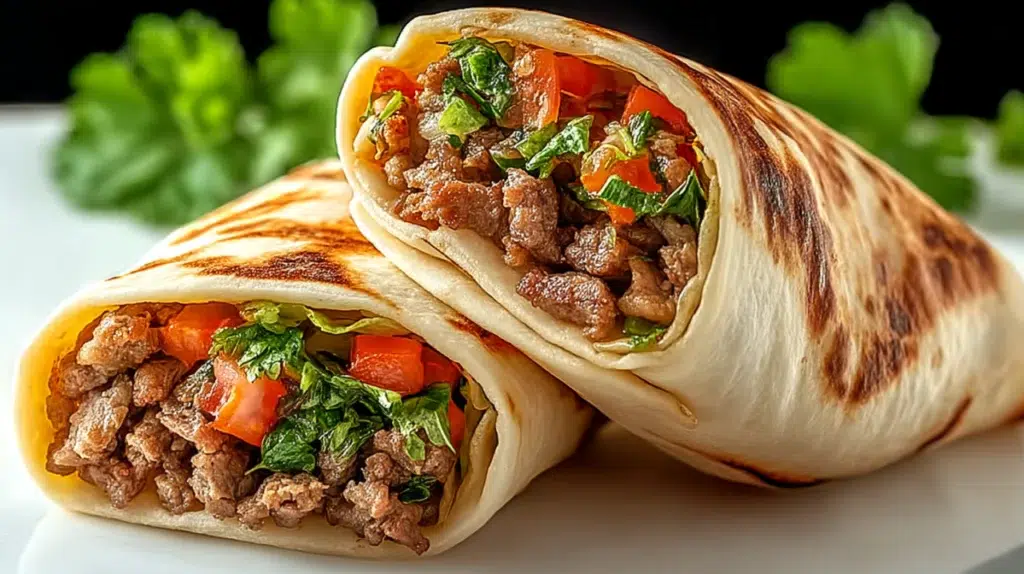 Turkish lamb tantuni wrap filled with seasoned lamb, onions, tomatoes, parsley, and wrapped in soft flatbread