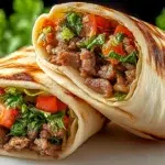 Turkish lamb tantuni wrap filled with seasoned lamb, onions, tomatoes, parsley, and wrapped in soft flatbread