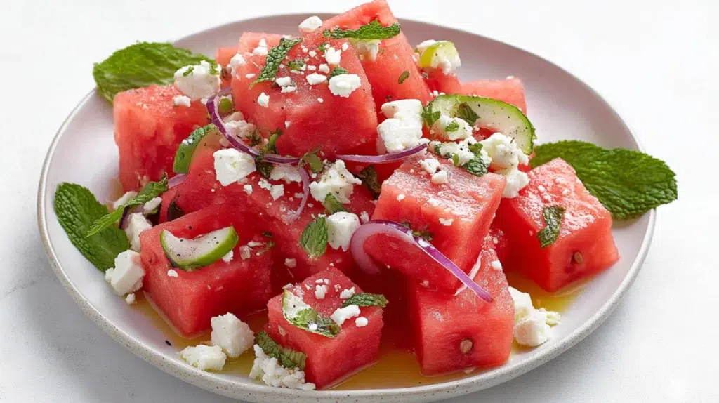 Watermelon feta salad with juicy watermelon cubes, creamy feta cheese, fresh mint, and a light dressing