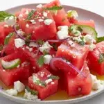 Watermelon feta salad with juicy watermelon cubes, creamy feta cheese, fresh mint, and a light dressing
