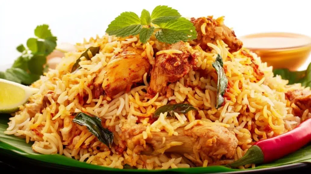 Chicken biryani with fragrant basmati rice, tender spiced chicken, and fresh herbs served on a platter
